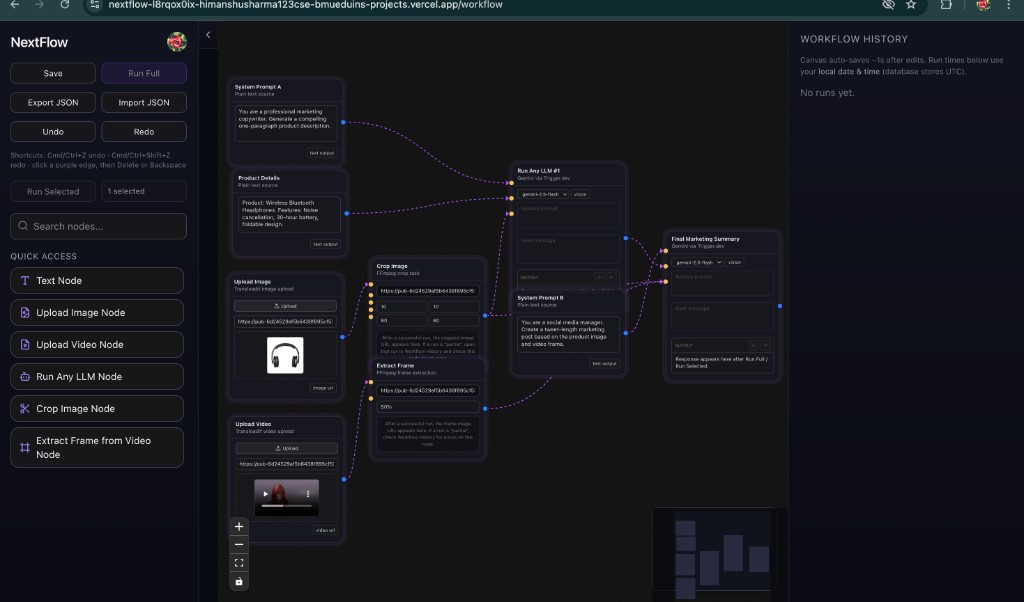 Marketing workflow with thumbnails and LLM nodes