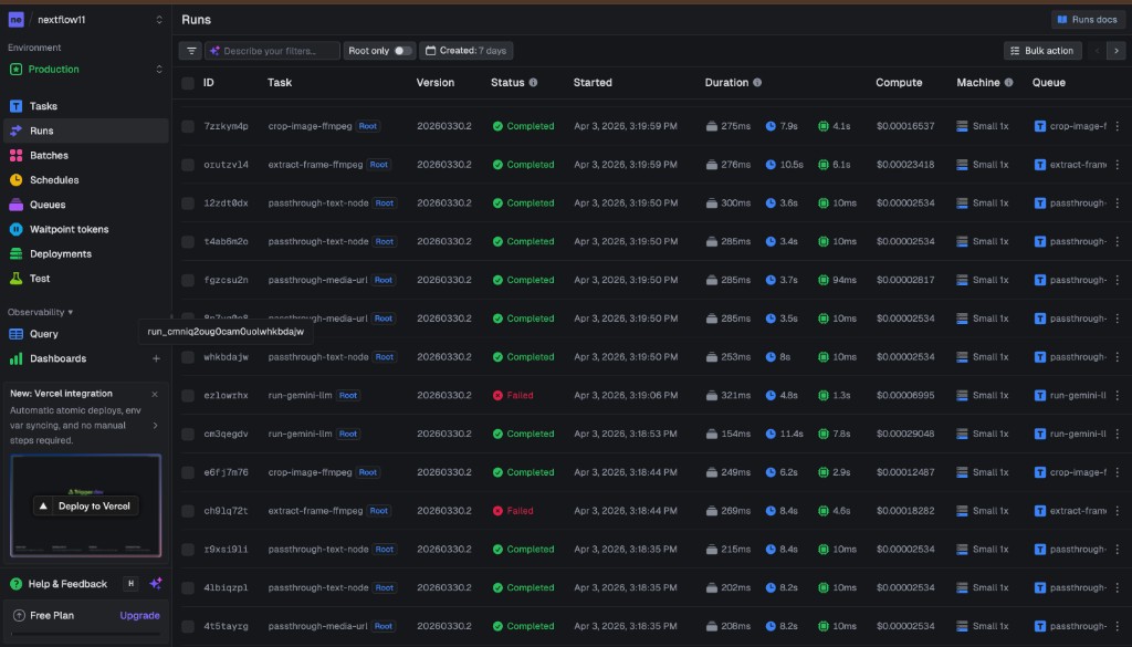 Trigger.dev task runs for FFmpeg and Gemini jobs